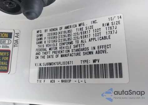 2015 Honda Cr-V Ex-L z USA, uszkodzony, nr VIN 5J6RM3H75FL003671